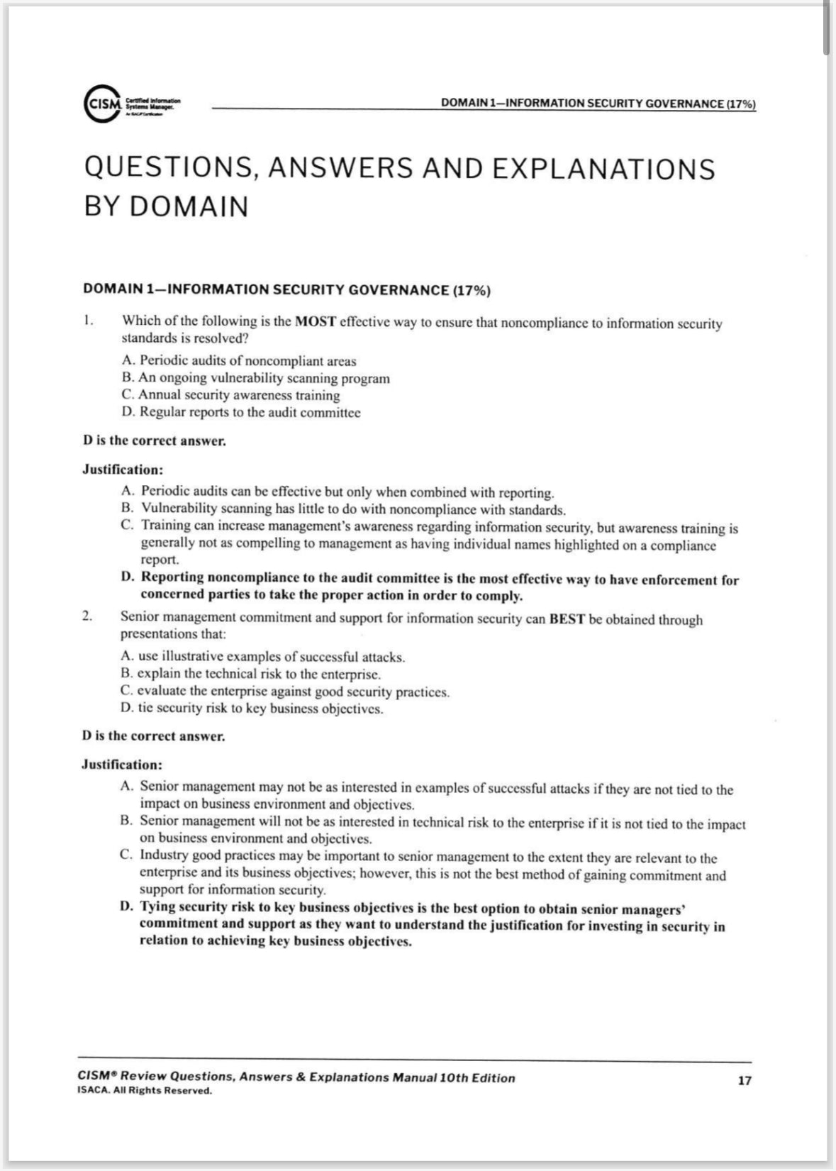 CISM Review Questions, Answers & Explanations Manual, 10th EdItion